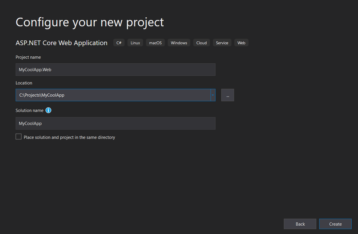 Configure new project dialog in Visual Studio