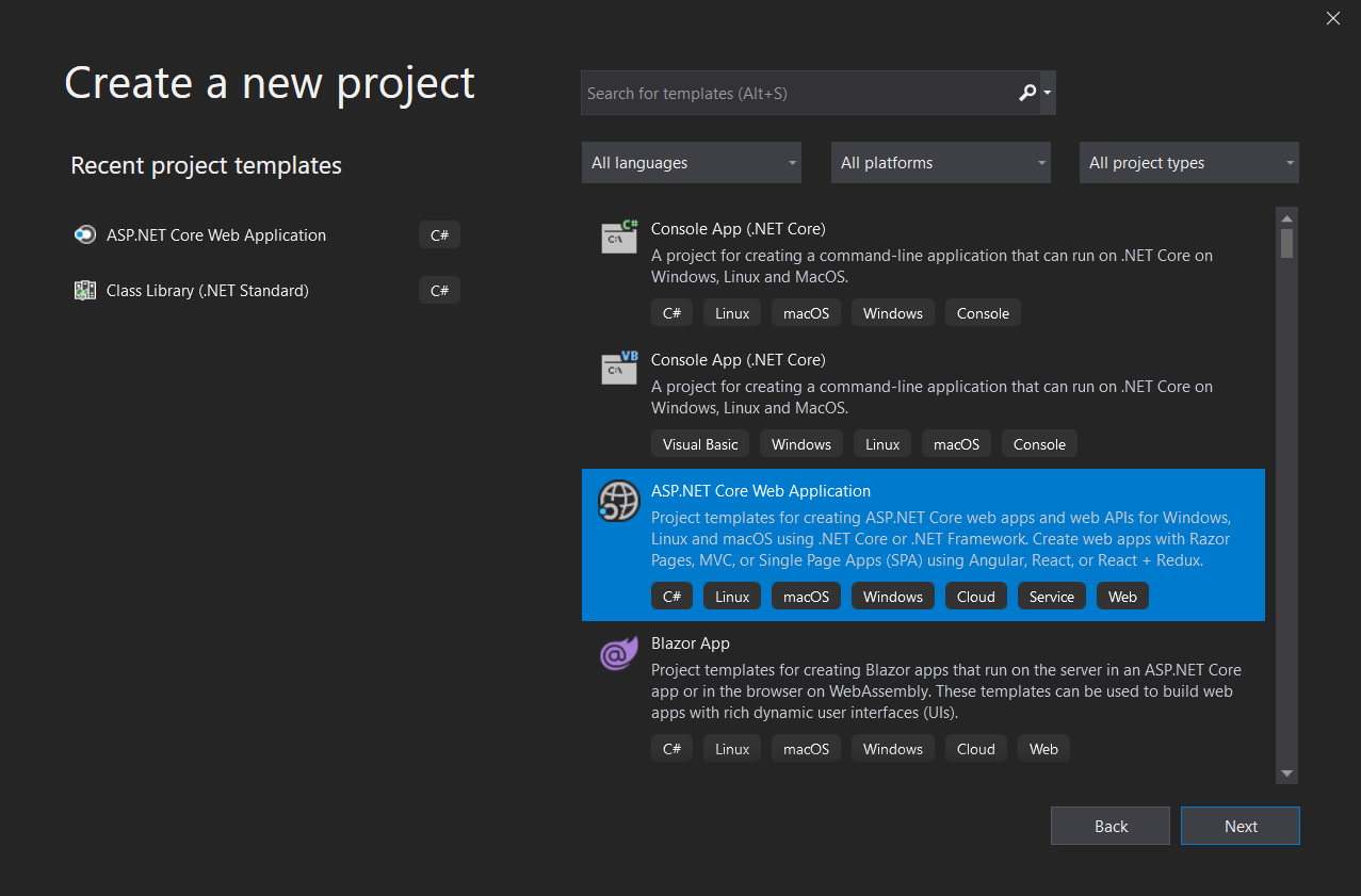 Create new project dialog in Visual Studio