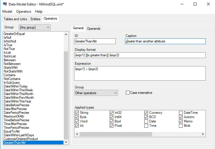 Data Model Editor - operator properties