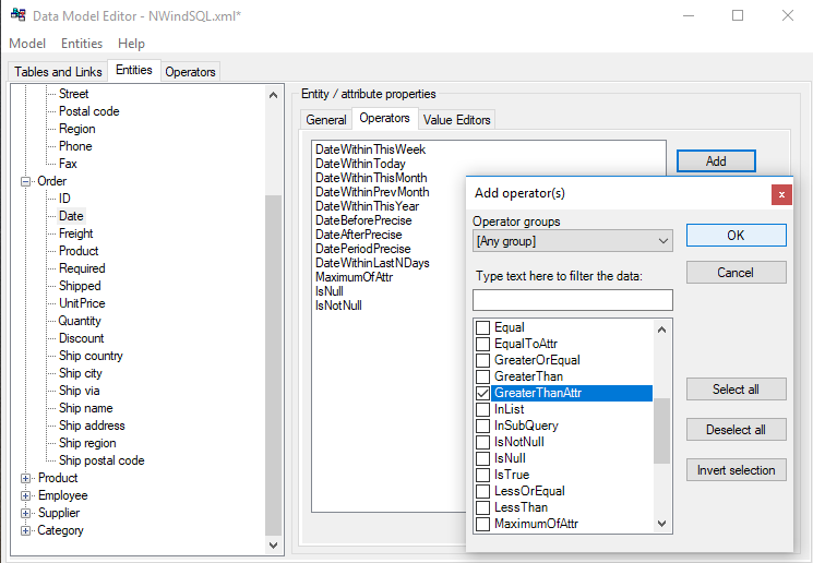 Data Model Editor - associate operator with attributes